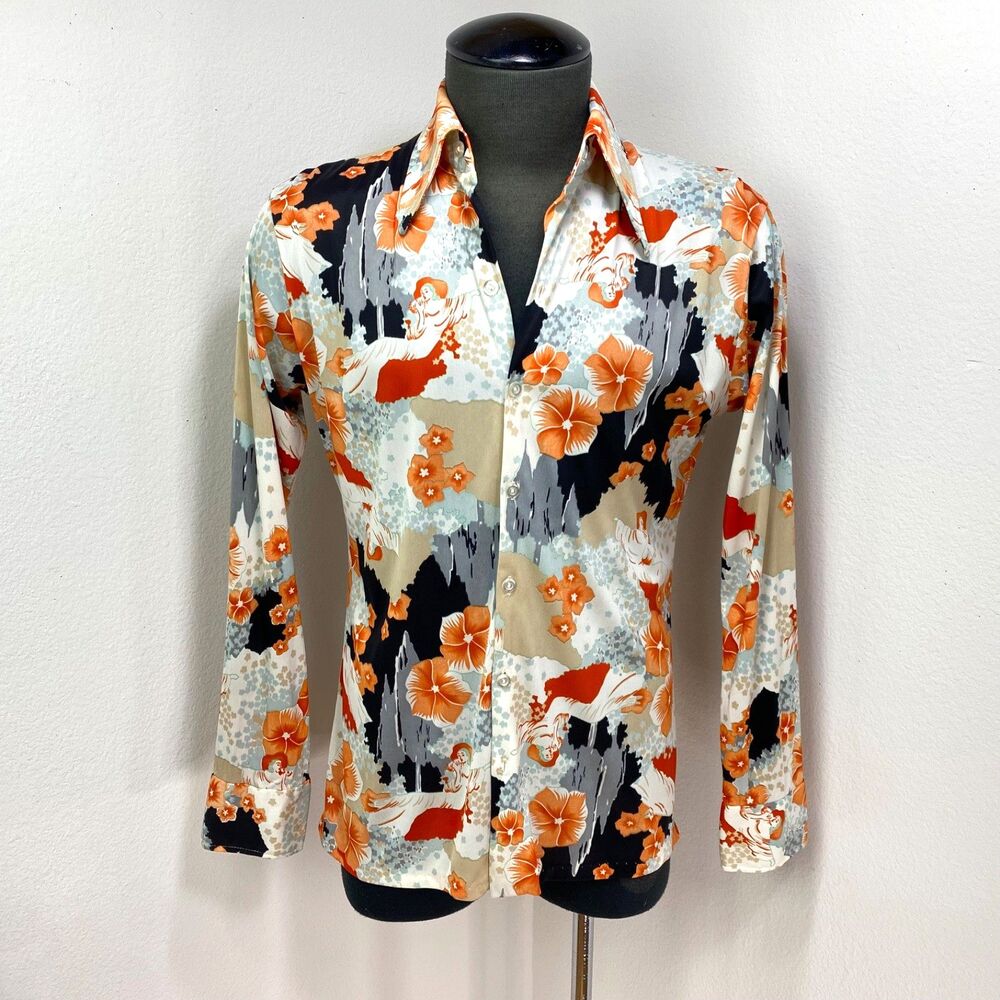 Vintage 70s Nylon Disco Hippie Shirt Med/Large Long Sleeves Floral Women Print